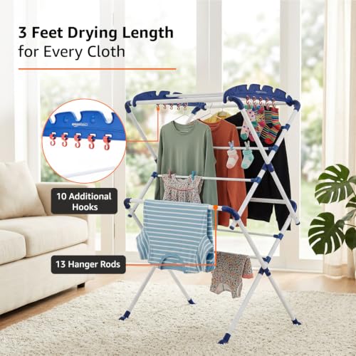 Image of AmazonBasics Clothes Stand for Drying | Foldable & Portable | 13 Hanger Rods and 10 Additional Hooks | Anti Rust Mild Steel