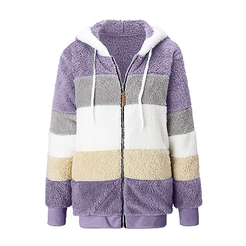 Fuzzy Fleece Jackets for Women Plus Size Hoodies Fall Winter Coats Color Block Patchwork Cardigan Coat with Pockets
