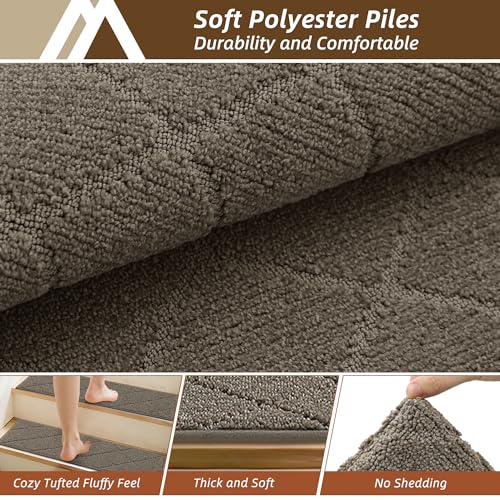 Image of COSY HOMEER Stair Treads for Wooden Steps 9 inchx28 inch Washable Indoor Carpet Stair Treads Non Slip Soft Polyester Stair Carpet Tread Reusable Stair Runner Rugs for Kids, Elders,Pets,Light Brown,15pcs