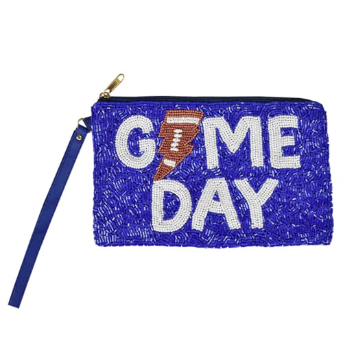 Girls' Lanyard Zipper Handmade Beaded Cosmetic Coin Bag Purse Pouch, Game Day, Blue/White
