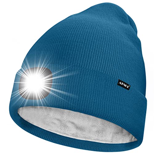 ATNKE LED Mütze mit Licht,Wiederaufladbare USB 4 LED Beleuchtete Laufmütze Extrem Heller Lampe Winter Warme Gefüttertes Fleece Stricken Mütze für Herren und Damen...