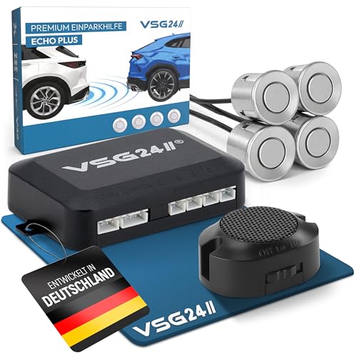 VSG24 Premium Einparkhilfe hinten zum nachrüsten am Auto, PDC Parksensoren hinten mit Stecksystem für einfachste Montage Rückfahrwarner mit Lautsprecher & 4 Sensoren Parkhilfe Nachrüstsatz Silber