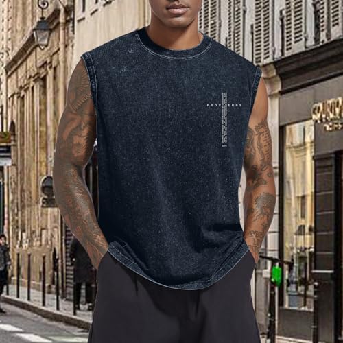 Image of Christian Gym Workout Tank Tops for Men Vintage Bible Verse Cross Graphic Sleeveless Muscle Shirts Acid Wash Tanks Top