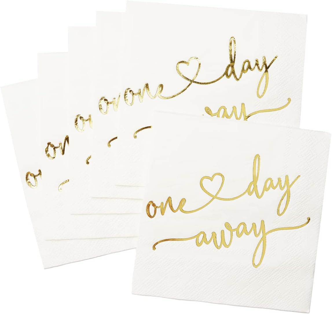 One Day Away Rehearsal Dinner Cocktail Napkins White Gold Napkins Dessert Beverage Table Decorations Wedding Party Supplies 100 Pcs, 3-ply