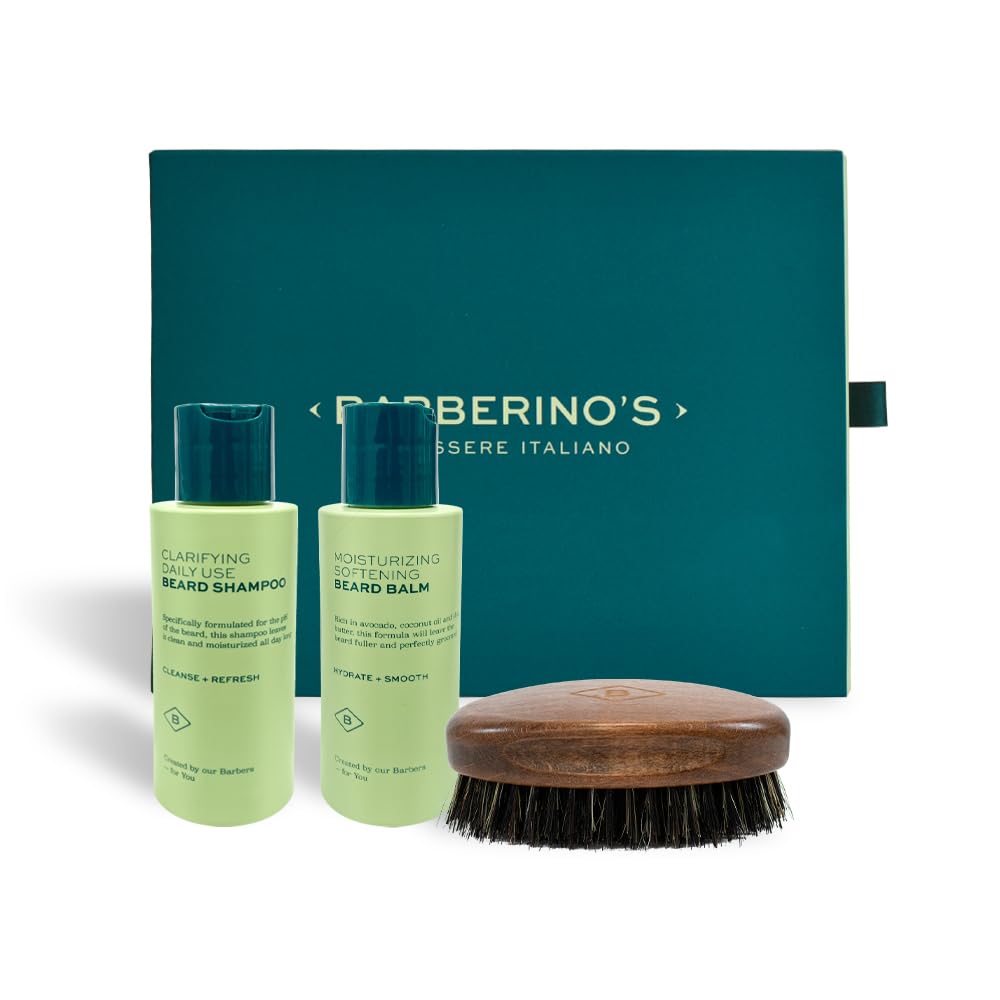 Set Cura della Barba Barberino's - Shampoo Barba 100 ml, Balsamo Barba 100 ml, Spazzola in Legno Wengè