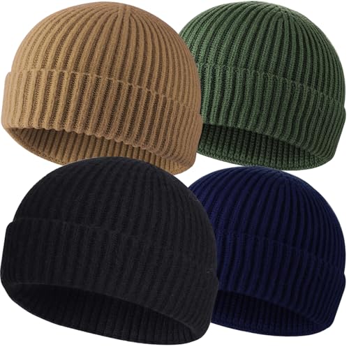 4pcs Wool Fisherman Beanies for Men, Knit Short Watch Cap