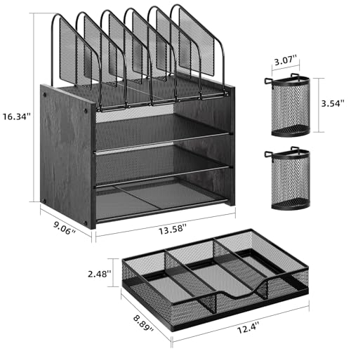 Image of Marbrasse Desk organizer with Drawer, 4-Tier Wooden File Organizer with 5 Vertical File Holders and 2 Pen Holders, Desk Organizers and Accessories for Home Office - Black