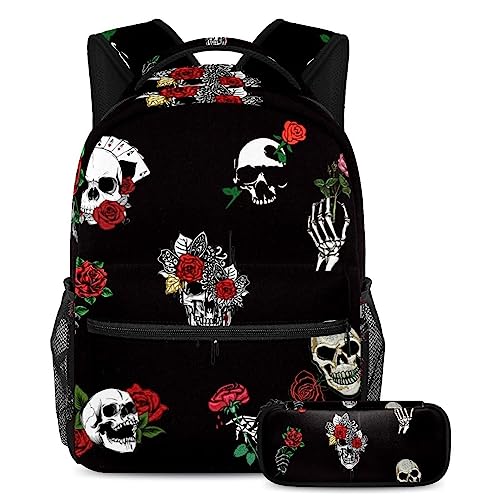 Sac à dos tête de mort et rose rouge avec trousse pour élève