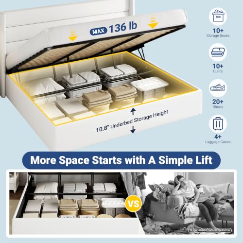 Image of Allewie King Size Lift Up Hydraulic Storage Bed Frame White | Modern Wingback Headboard, Hydraulic Support Storage, No Box Spring Needed