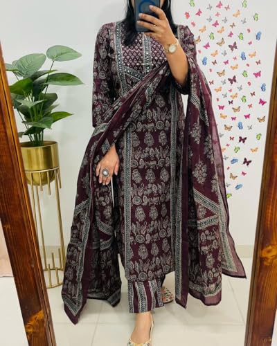 Image of krisjan|Women's Pure Cotton Printed with Handwork Kurta with Pants and Dupatta Set | Ethnic Set | Suit Set | Kurta Set | Wedding Suit Set