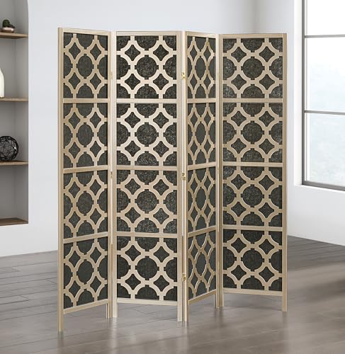 Roundhill Furniture Virelle 4-Panel Room Divider, Decorative Folding Freestanding Privacy Screen, Gold