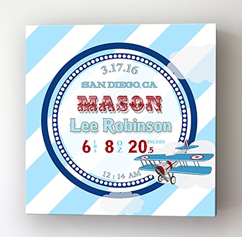Personalized Stretched Canvas Birth Announcement Gift, Custom Baby Name, Date, Weight Stats, Newborn Airplane Nursery Wall Art Decor, Wooden Frame Construction, Ready to Hang 24X24