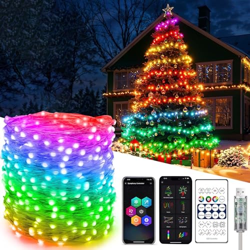 Illuminazione natalizia per esterni, 20 m, 200 LED, RGB Smart Catena di luci per albero di Natale, IP65, impermeabile, multicolore, catena luminosa a LED per esterni, cambia colore per albero di