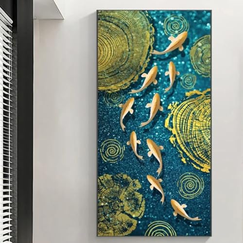 Peinture abstraite carpes koï décoration salon moderne 20x40 cm