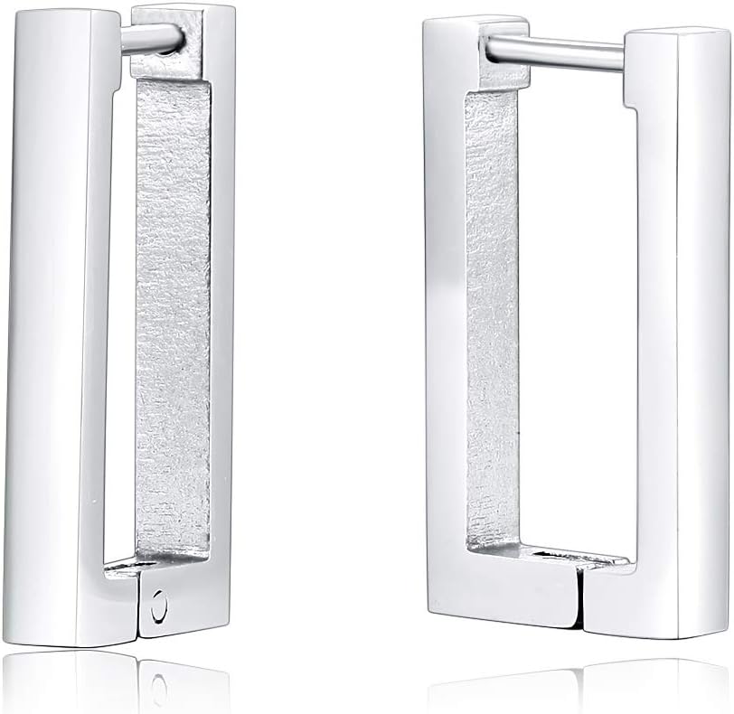 Mens Womens Open Rectangle Huggie Hinged Hoop Earrings, Stainless Steel Hoop Earrings, Minimalist, Cool Unique