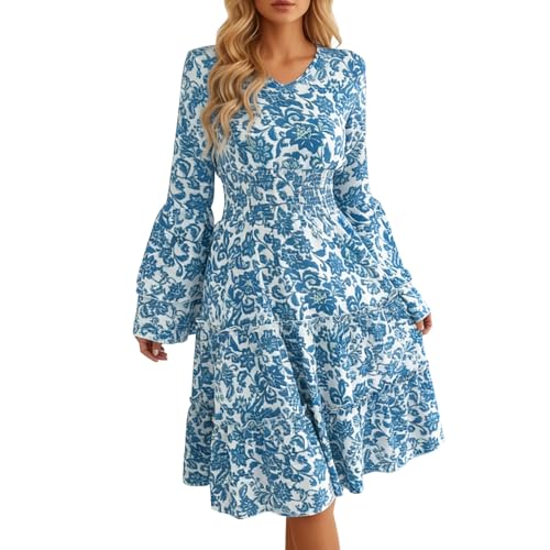 Vestido de verano para mujer, estilo vintage, manga campana, volantes, entallado, vestido de línea, elegante, informal, para playa, vacaciones, fiesta, bohemio, retro, midi, azul, S