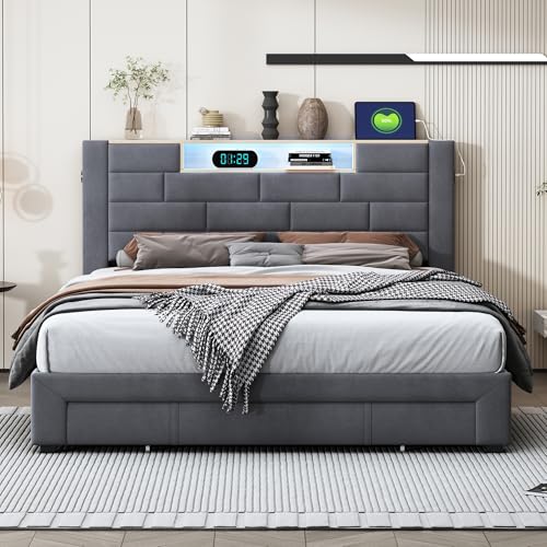 FOERPL Cama tapizada con cajones, Cama Doble de 160 x 200 cm, Cama de Adulto con LED y función de Carga, Cama Acolchada de Terciopelo Gris, Marco de Cama con cabecera de Cama y somier de láminas