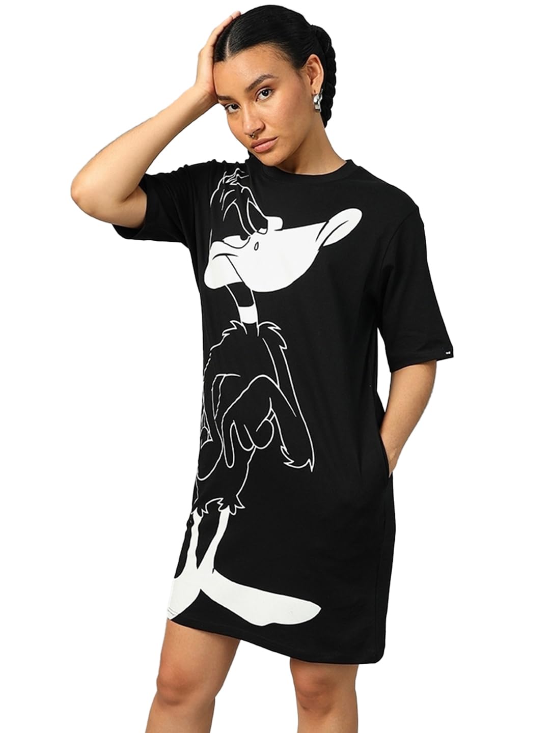 Bewakoof Official Looney Tunes Merchandise Women's Graphic Printed Oversized Fit Half Sleeve Round Neck Cotton Knee Length Dress in multi
