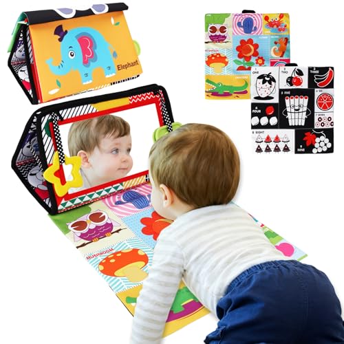 TOSUTO Jouet Bebe 0-3-6-9-12 Mois,Jouet d'Éveil Bébé avec Miroir,Jouets pour Bébés avec Miroir Pliable et Amusant,Miroirs Jouets Sensoriels à Contraste élevé pour bébés avec Livre en Tissu froissé