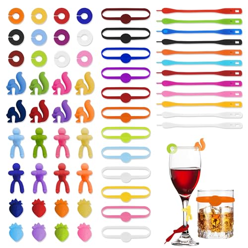 60 Piezas Marcadores de Silicona, Marcadores de Vidrio Coloridos para Vasos, Reutilizables para Marcar Copas de Vino, Copas de Champán y Vasos de Bebidas