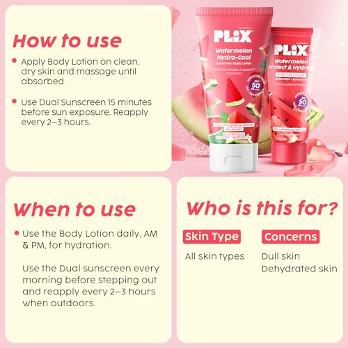 Image of PLIX- THE PLANT FIX Watermelon Hydra-Cool Body Lotion + Dual Sunscreen Combo | SPF 50 PA++++ | Ceramides + Squalane + Vitamin C | Broad Spectrum UVA, UVB Protection | Lightweight Hydration | For All Skin Types