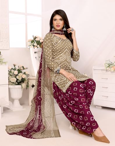 Image of Yashika Women's Printed Dress Material - Unstitched Crepe Fabric Kurti, Pants & Dupatta Set (AZ-YS-P4-HIRAL BANDHANI)