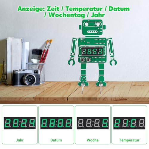 ElektoLoter Roboter Digitale Uhr Löt Bausatz, 4-Digit DIY Wecker Elektronik Lötbausätze Robot Digital Funkwecker Lötset für Schüler, zum Lernen und für das Homeoffice