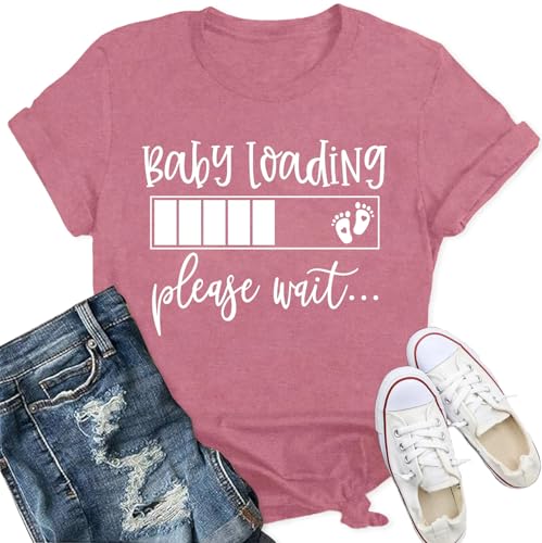 Qskall Pregnancy Reveal T Shirts for Women Mom to Be Shirt Baby Loading Please Wait Tee Tops Pink