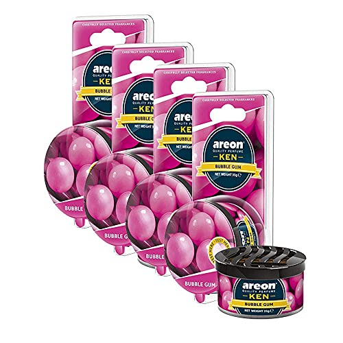 Image of AREON Ken Car Air Freshener - Bubble Gum Scent, Long-Lasting Fragrance - Portable Fragrant Deodorizer with Adjustable Odor Output - Automobile Accessories & Essentials - 1.23 Oz. Cans, Pack of 4