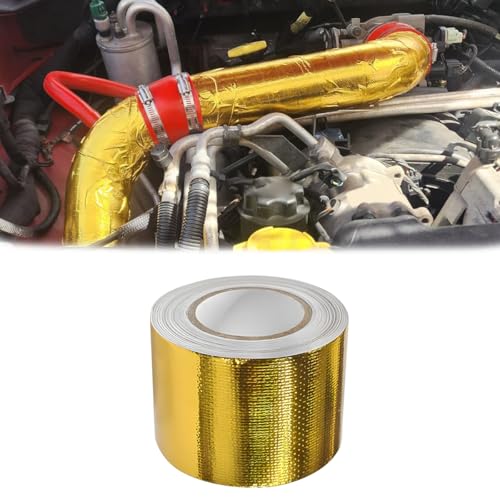 KPFILEH 2" x 16.4 Feet Gold Adhesive Heat Shield Reflective Tape, Aluminized Fiberglass High-Temperature Thermal Barrier Wrap Roll, Auto Heat Insulation Tape for Intake Pipe, Engine Bay(5M)