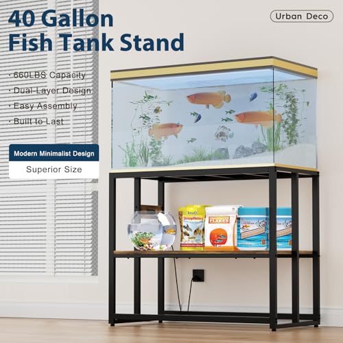 Image of Urban Deco 40 Gallon Fish Tank Stand with Power Outlets, 660LBS Capacity Aquarium Stand, Metal Fish Tank Stand Dual-Layer Design Terrarium Stand, Rustic Brown