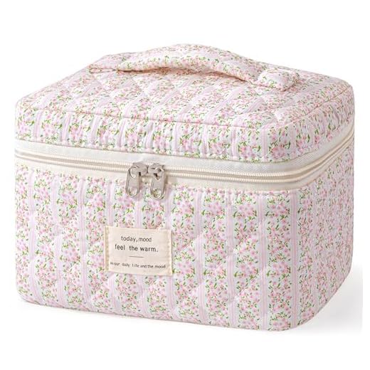 HBselect Large Quilted Makeup Bag for Women Cute Cotton Travel Cosmetic Bag
