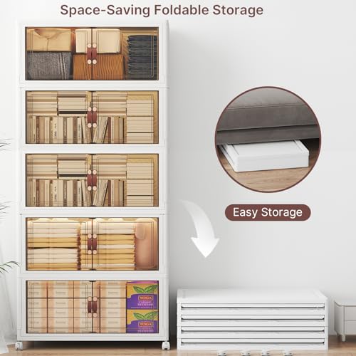 Image of UAMFURI Stackable Storage Bins with Lids, 600QT Lockable Storage Cabinet | Folding Storage Box with Doors and Wheels, Collapsible Plastic Drawers for Home, Garage, Office