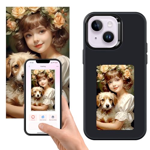 Dozeggy Smart Ink Screen Phone Case with 4 Color E-Ink Display Picture,Easy to APP DIY Your Favorite Photos Ink Phone Case,No Power Consumption NFC Phone Case(for iPhone 13/14,Black)