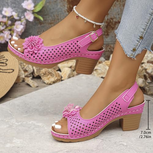Women's Sandals Summer Open Toe Ankle Buckle Sandal Chunky Heels Sandals for Women Slingback Casual Solid Color Hollow Out Platform High Block Heel Floral Wedge Sandal Dressy Shoes4