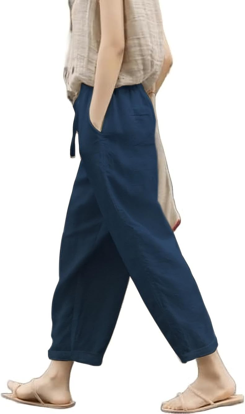 Women linen pants summer casual drawstring elastic waist lightweight capris beachwear
