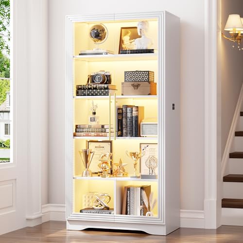 Image of LVSOMT Bookcase with Glass Doors and LED Light, Home Office Bookshelf White | 65 inch Tall Display Cabinet with Adjustable Shelves, Human Sensor, 5 Tier Storage Case for Collectibles, Living Room Study Room