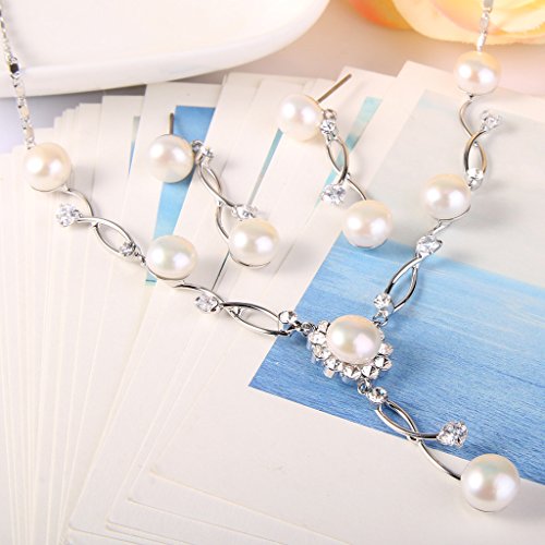 EleQueen Women's Silver-Tone Cubic Zirconia Simulated Pearl Bridal Necklace Earrings Set, Ivory Color