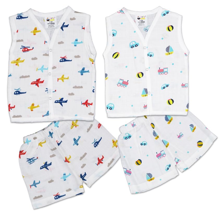 Image of Muslin Jabla & Shorts|For Boys & Girls|Summerwear Sleeveless Vest|Baby Products|Casual Clothing Set