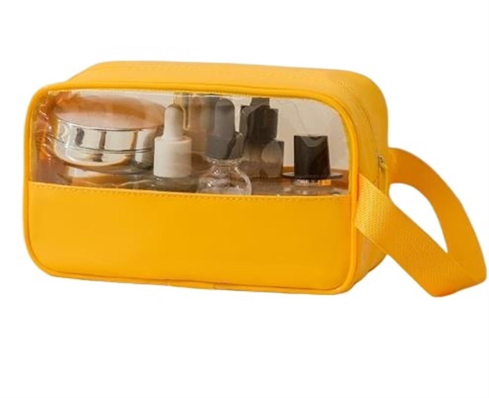 Bolsa de Maquillaje Impermeable con Gancho Colgant Bolsa de cosméticos portátil con gran capacidad y apariencia, bolsa de almacenamiento de viaje, bolsa de artículos de tocador con empalme de PU(Yello