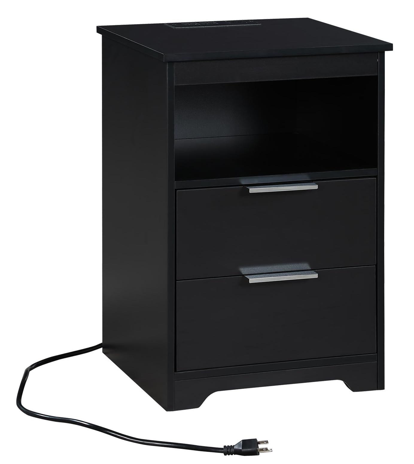 Kavonty Nightstand with Charging Station,Nightstand with 2 Drawers,Wooden End Table with Drawer and Opening Shelf,Side Table for Bedroom, Black