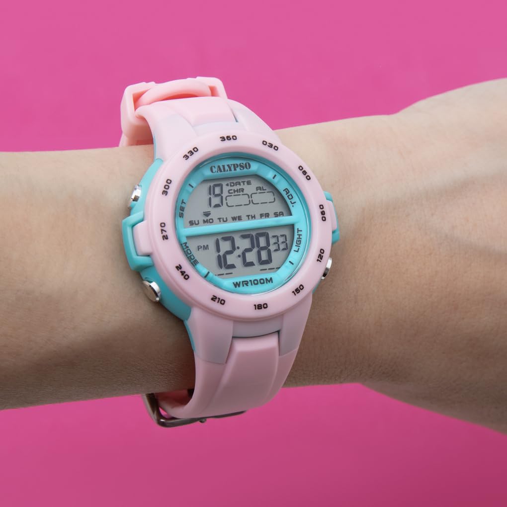 CALYPSO Reloj Digital Infantil Niño Niña de Caucho Rosa - Resistente al Agua 10 ATM Fecha y Calendario, Cronógrafo, Doble Horario, Luz, Alarma, 12 y 24 Horas K5850/1 - Junior Collection