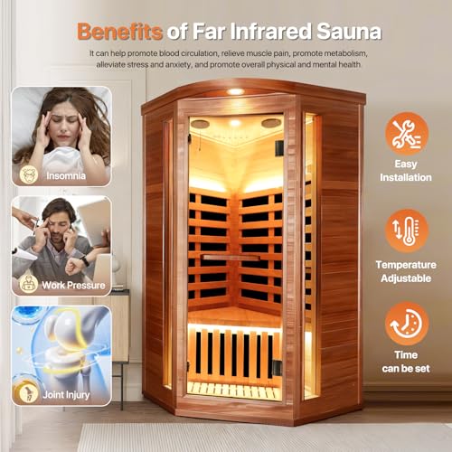 Image of OUTEXER Corner Sauna for One Person Far Infrared Sauna Low-EMF African Mahogany Wood 1300W Indoor Saunas Wood Wax Oil on Outer Surface 37 * 37 * 71Inch