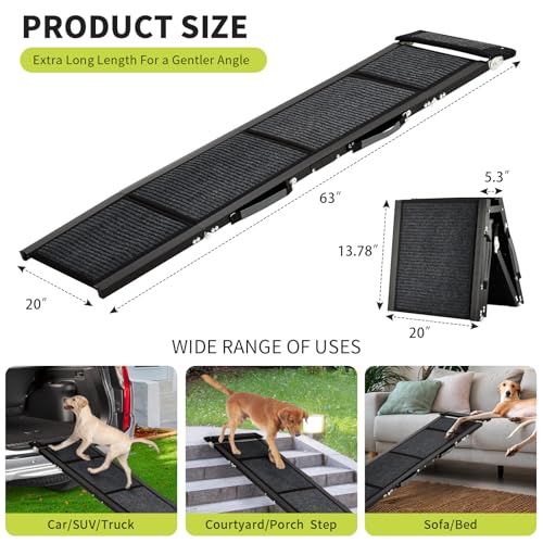 Upgraded Dog Ramp for Cars - 63" Long & 20" Wide Folding Pet Ramp for Large Dogs with Non-Slip Surface Portable Dog Car Ramp for SUV Car & Truck, Outdoor Dog Ramp Up to 250 LBS