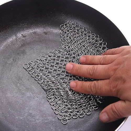 Image of 8 inchx6 inch Cast Iron Scrubber Stainless Steel Chainmail Cleaner for Pre-Seasoned Pans, Griddles, BBQ Grill and Pot Cookware Cleaning (Pack of 2)