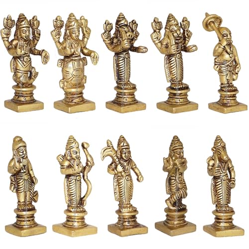 Image of ARKAM Brass Vishnu Dashavatar Murti /Dash Avatar Idol /Pital Das Avatar Statue (Set of 10) - Antique Brass for Home /Temple /Office (Height: 9 cm, Weight: 1250 GMS)