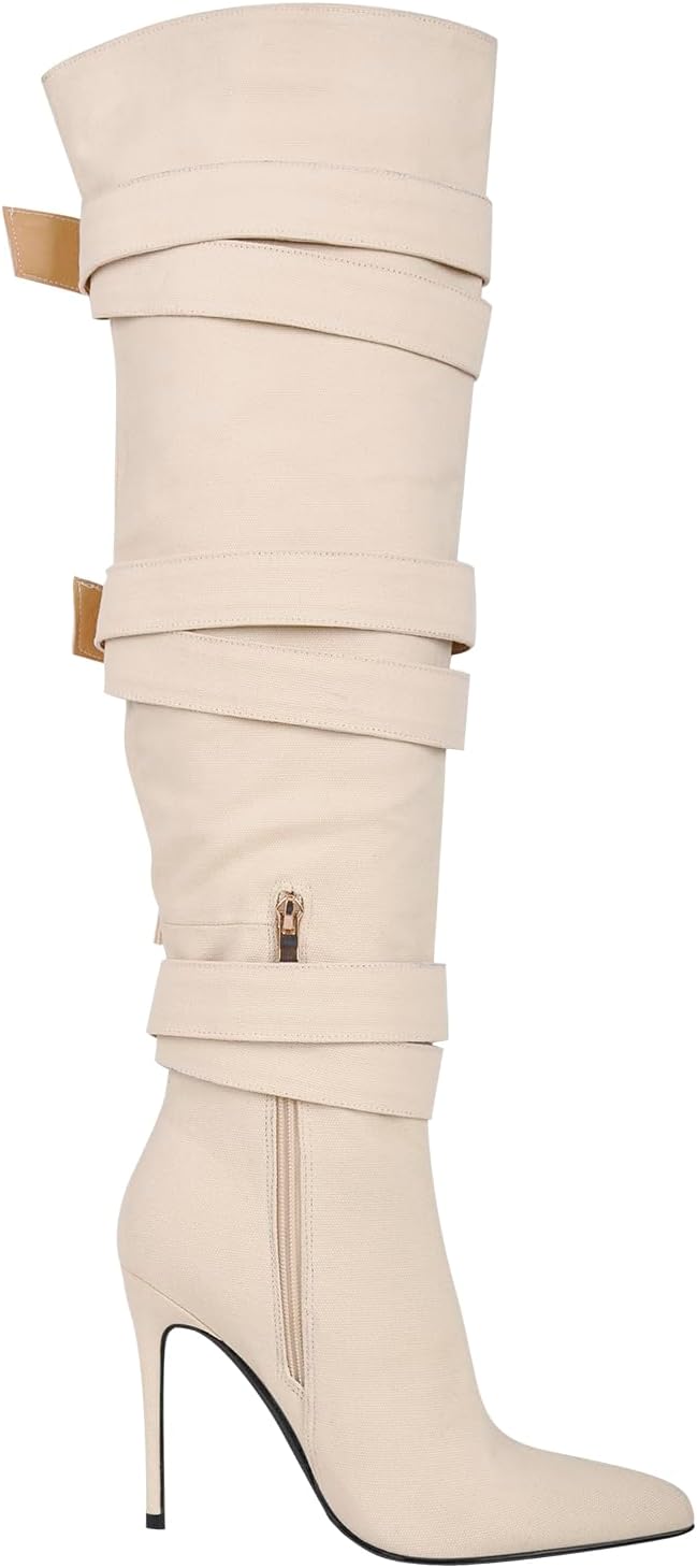 richealnini Women's Thigh High Boots with Straps Canvas Stiletto Heel Sexy Pointed Toe Party Riding Boots - Image 5