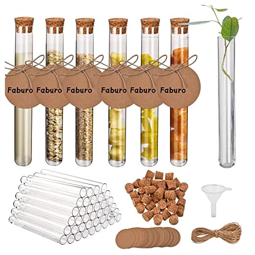 Faburo 100 Reagenzglas mit Korken, 16x100mm(14ml) Reagenzgläser, Reagenzgläser mit korken mit 100 Stück Kraftpapieranhänger+30m Hanfseil+1 Stück Trichter, für DIY Craft Candy Liquids Spices Blumen