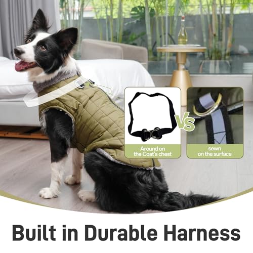 JoyDaog Warmer Fleece-Hundemantel mit strapazierfähigem Geschirr mit D-Ring, wasserdichte Welpenjacke für kleine Hunde, Hundeweste für den kalten Winter, Grün, Größe S