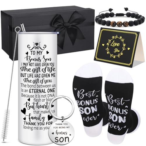 Sieral 6 Pcs Bonus Son Gifts Stepson Gifts Bonus Son in Law Stainless Steel Tumbler Bracelet Socks Keychain Gift Box Present from Stepdad Stepmom Mom Dad